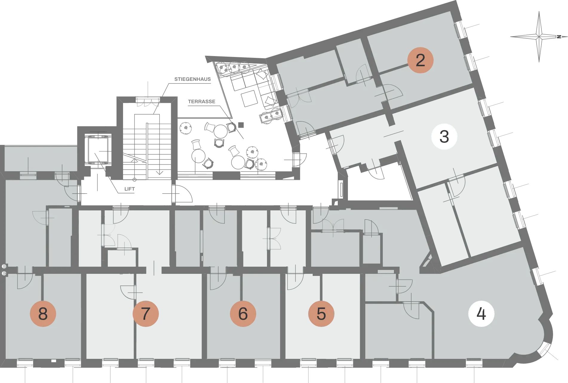 Floorplan vom 1. Obergeschoss, 5 Apartments und 2 Büros sind eingezeichnet.