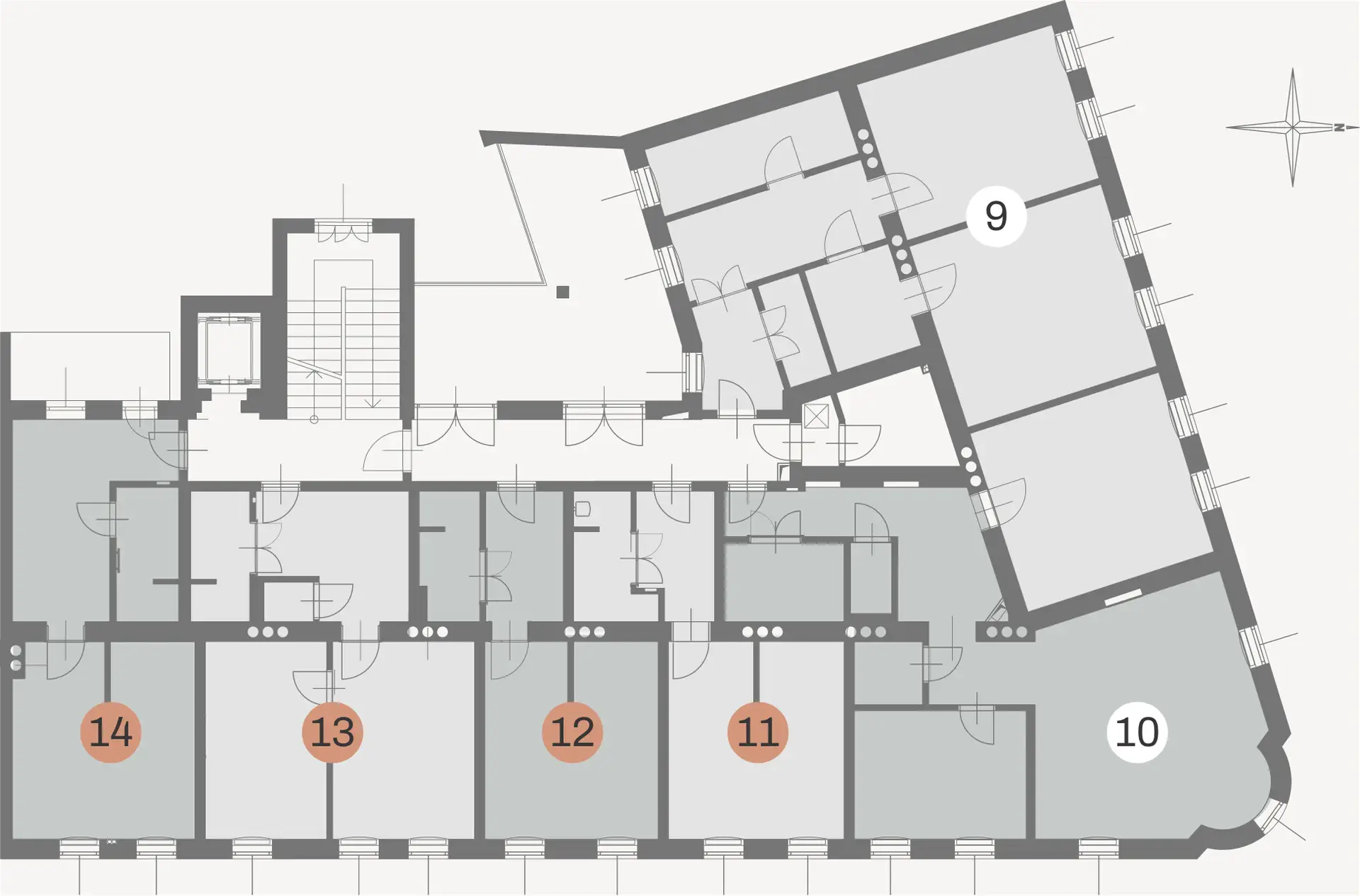 Floorplan vom 2. Obergeschoss, 4 Apartments und 2 Büros sind eingezeichnet.